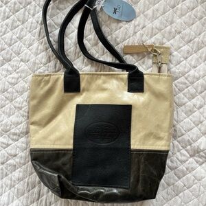 Hand made in Maine Cream, Black leather Colorblock Shoulder Tote